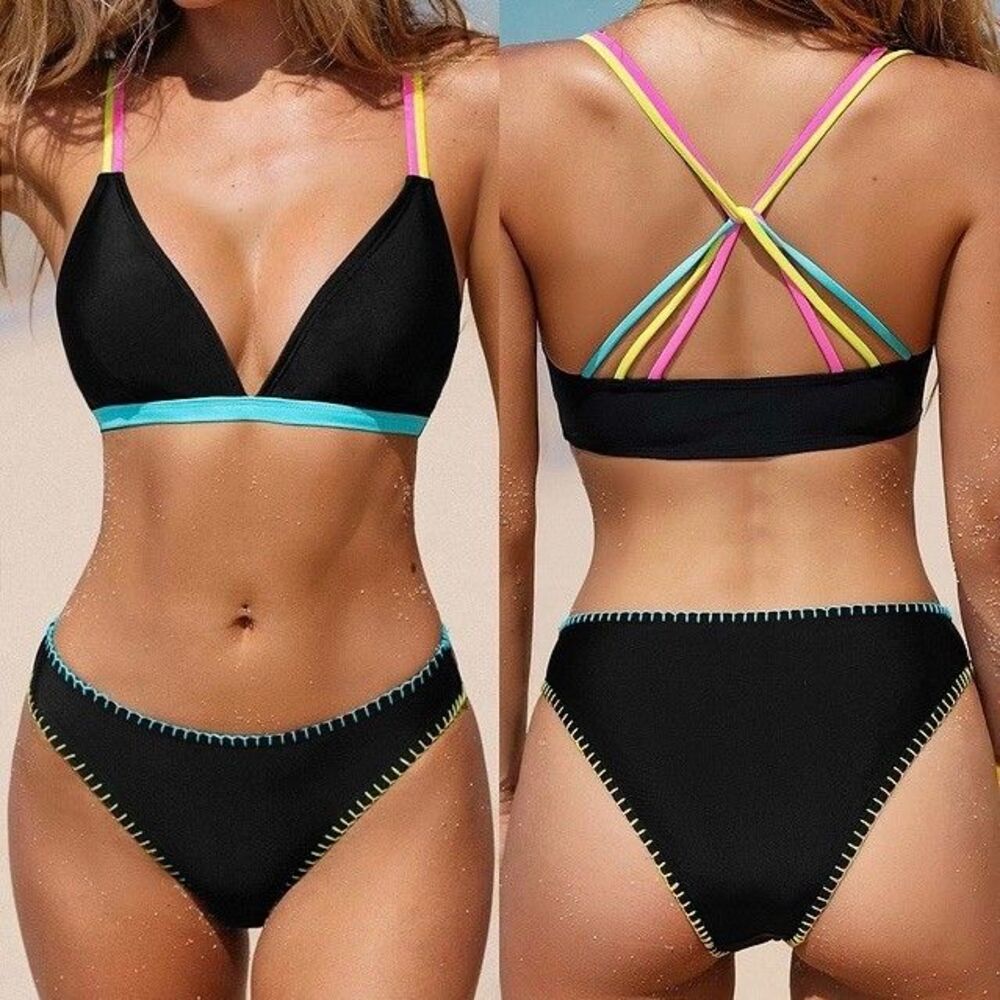 Cupshe Black Diamond Neck Bikini top Low-rise bottom Set Black Neon Women Medium
